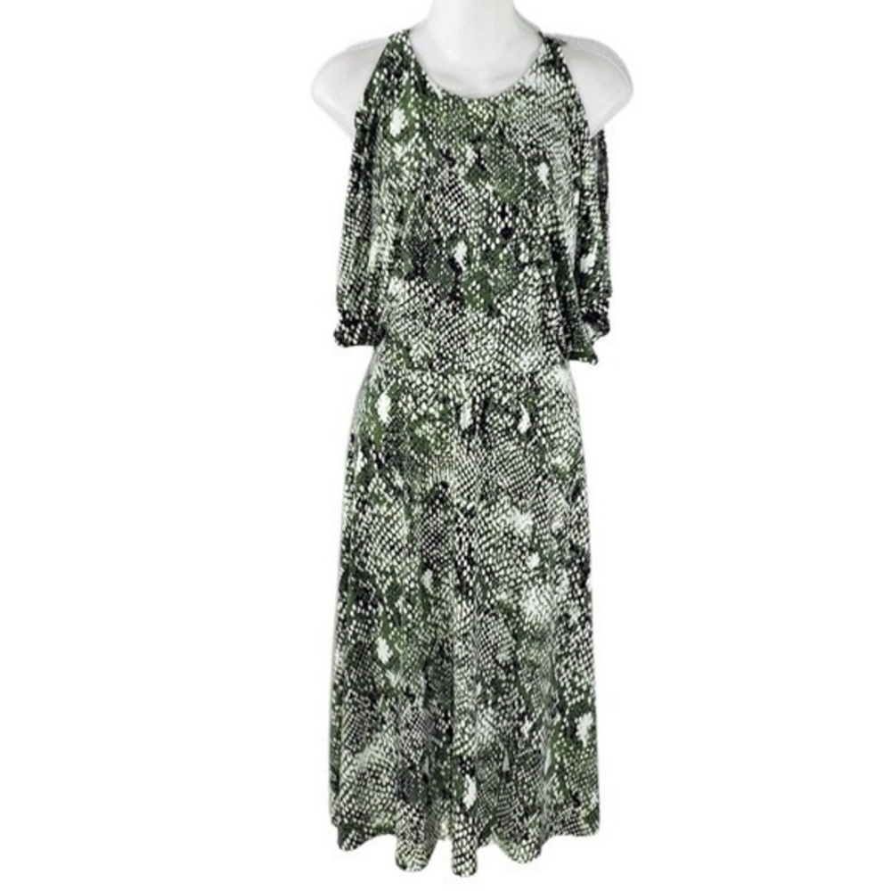 Jones New York green white snake jersey cold shoulder dress Q18